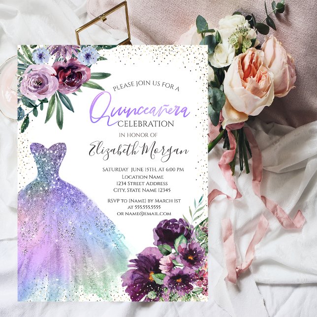 Cool Dress,Confetti Violet Flowers Quinceañera  Invitation (Creator Uploaded)