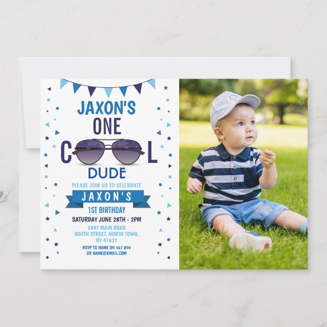 Cool Dude 1st Birthday Sunglasses Summer Boy Photo Invitation (Front)