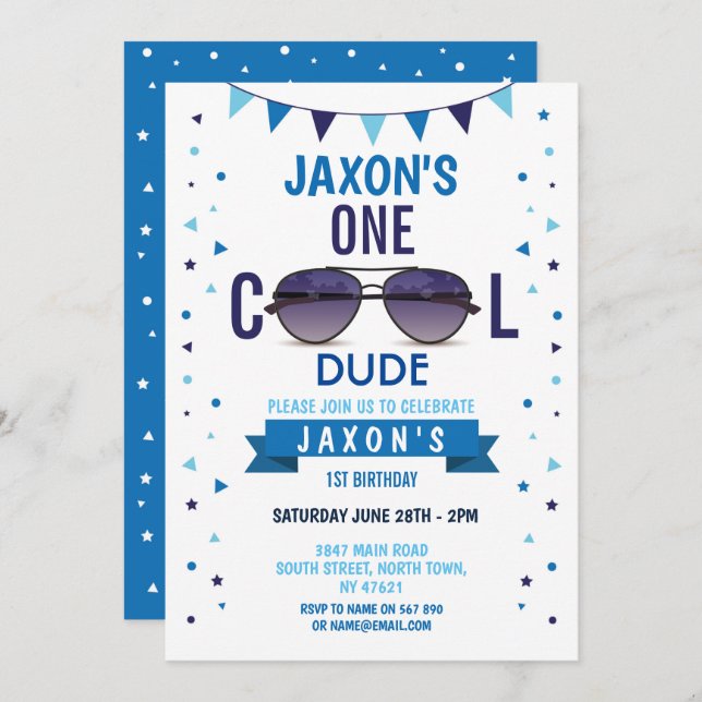 Cool Dude 1st Birthday Sunglasses Summer Boys Invitation (Front/Back)