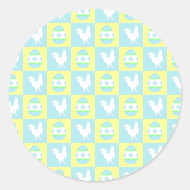 Cool Easter Chequerboard Pattern Rooster Eggs Classic Round Sticker (Front)