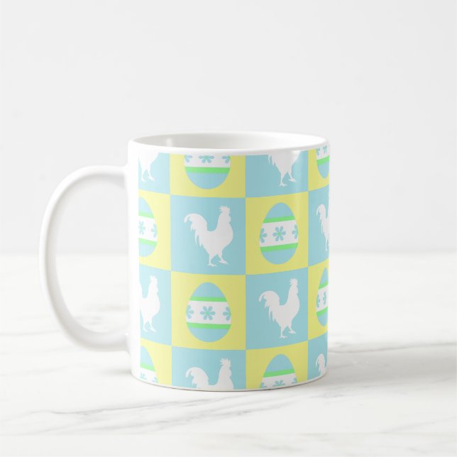 Cool Easter Chequerboard Pattern Rooster Eggs Coffee Mug (Left)