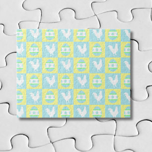 Cool Easter Chequerboard Pattern Rooster Eggs Jigsaw Puzzle