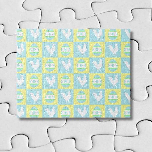 Cool Easter Chequerboard Pattern Rooster Eggs Jigsaw Puzzle (Creator Uploaded)
