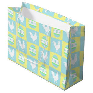 Cool Easter Chequerboard Pattern Rooster Eggs Large Gift Bag