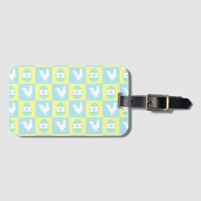 Cool Easter Chequerboard Pattern Rooster Eggs Luggage Tag (Front Horizontal)
