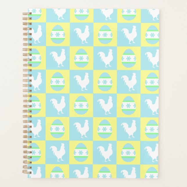 Cool Easter Chequerboard Pattern Rooster Eggs Planner (Front)