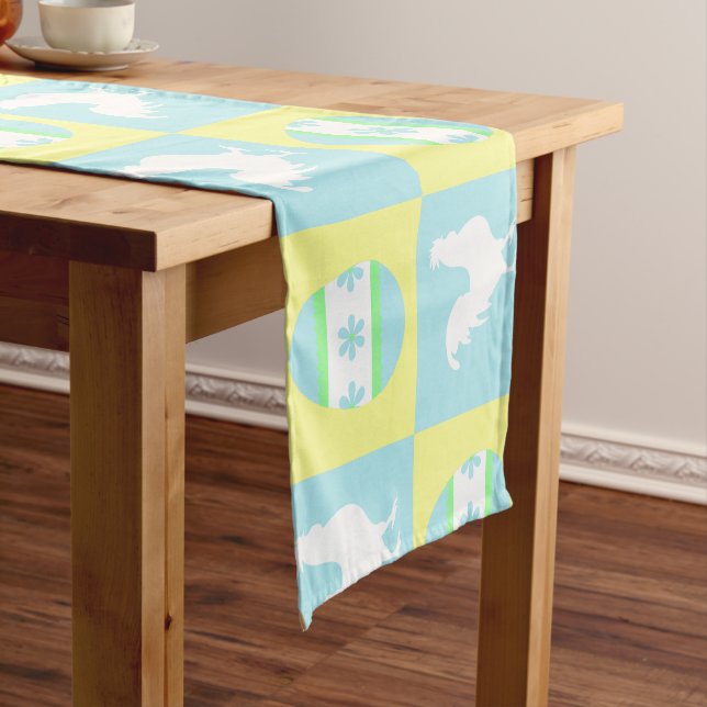 Cool Easter Chequerboard Pattern Rooster Eggs Short Table Runner (In Situ)