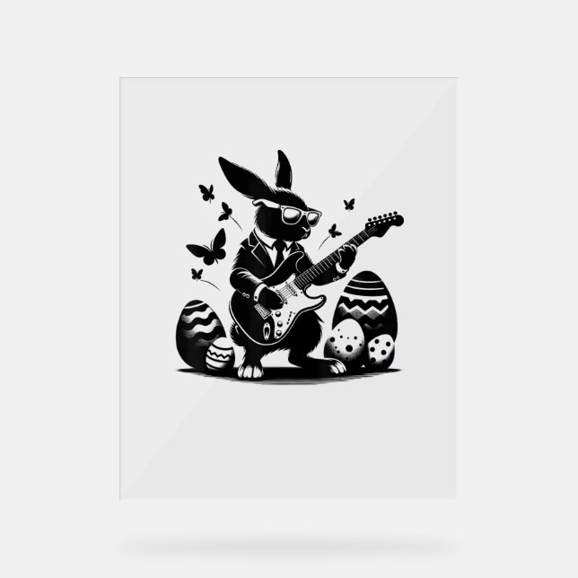 Cool Easter Rabbit Playing Guitar Cute Bunny Easte Acrylic Sign (Front)