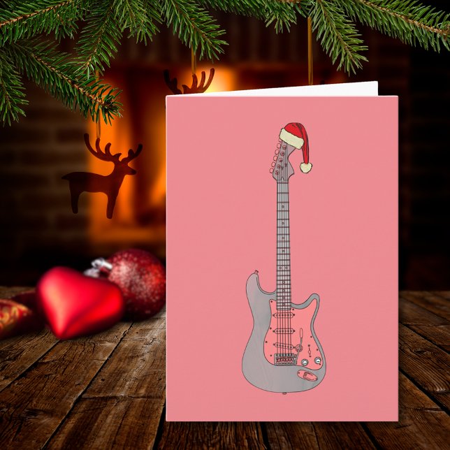 Cool Electric Guitar Santa Pink  Card (Cool pink and gray christmas guitar stylish minimalist holiday greetings card)
