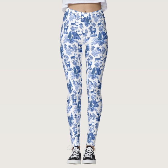 Cool Elegant Blue Deer French Toile Leggings (Front)