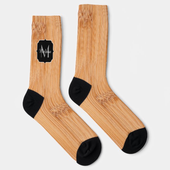 Cool elegant brown bamboo wood print Monogram Socks (Right)
