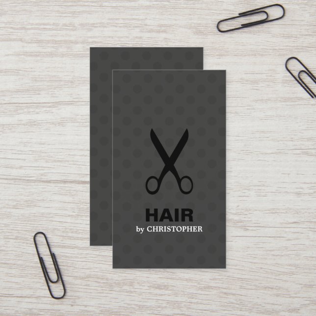 Cool Elegant Dark Dots Black Scissor Hairstylist Business Card (Front/Back In Situ)