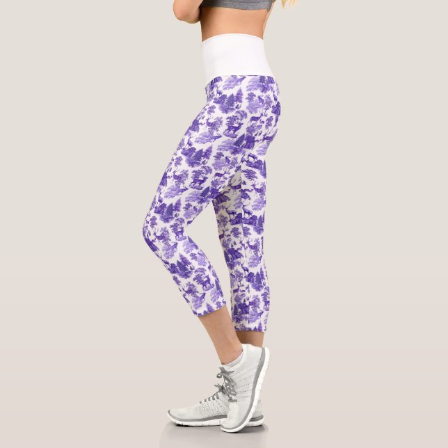 Cool Elegant Periwinkle Blue Deer French Toile Capri Leggings (Left)