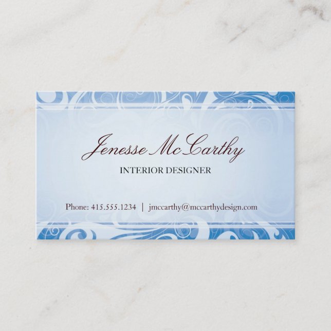Cool Elegant Swirls Blue Business Card (Front)