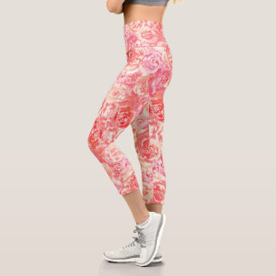 Cool Elegant Watercolor Coral Pink Roses Capri Leggings