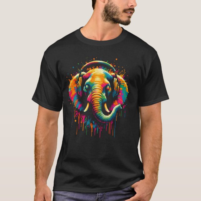 Cool Elephant Headphone Music Art Christmas Birthd T-Shirt (Front)