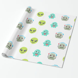 Cool Emoji Alien Ghost Robot Face Pattern Wrapping Paper