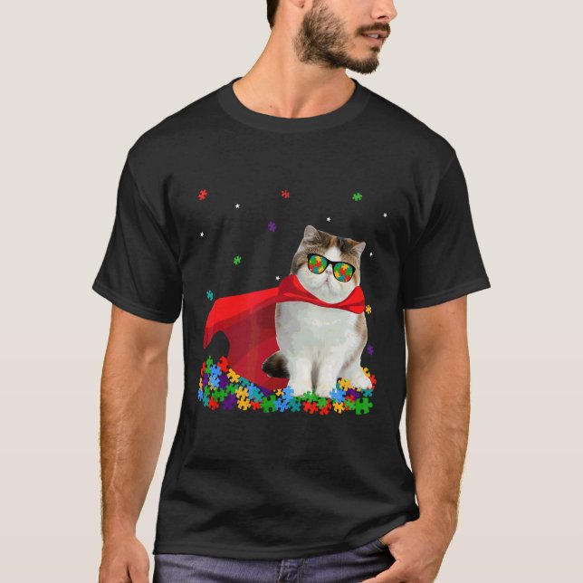 Cool Exotic Autism Awareness Graphic Cat T-Shirt (Front)