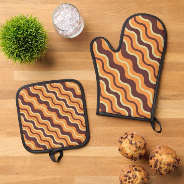 Cool Fall Seasonal wavy line kitchen  Oven Mitt & Pot Holder Set (Top Down)