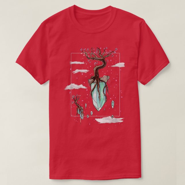 Cool Fantasy Floating Crystals Sakura Tree Islands T-Shirt (Design Front)