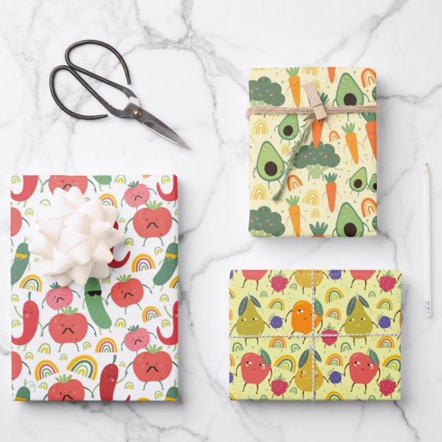cool farm fruits and vegetables pattern tiled wrapping paper sheet (Front)