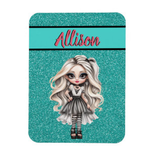 Cool Fashion Girl Turquoise Glitter Personalised Magnet