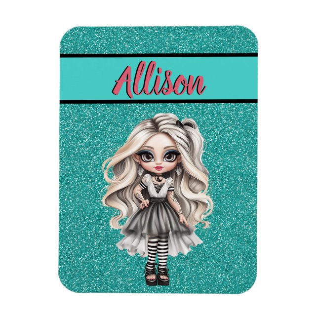 Cool Fashion Girl Turquoise Glitter Personalised Magnet (Vertical)