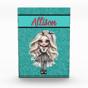 Cool Fashion Girl Turquoise Glitter Personalised Photo Block