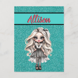 Cool Fashion Girl Turquoise Glitter Personalised Postcard
