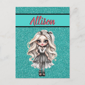 Cool Fashion Girl Turquoise Glitter Personalised Postcard