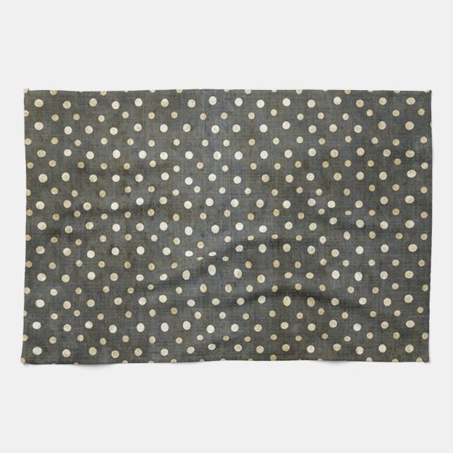 Cool fashionable white polka dots dark grey grunge tea towel (Horizontal)