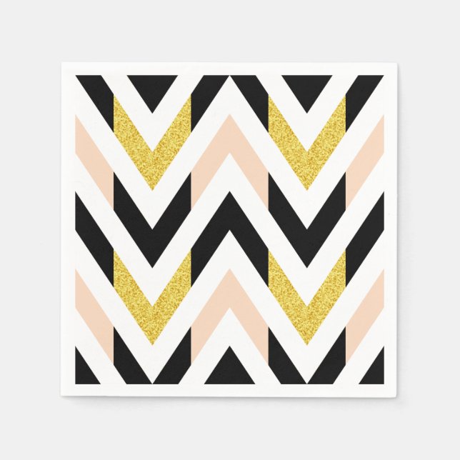 Cool Faux Glitter Gold, Black, Peach Pink Chevron Napkin (Front)