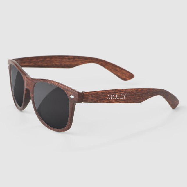 Cool Faux Wood Trendy Stylish Custom Name Sunglasses (Left)