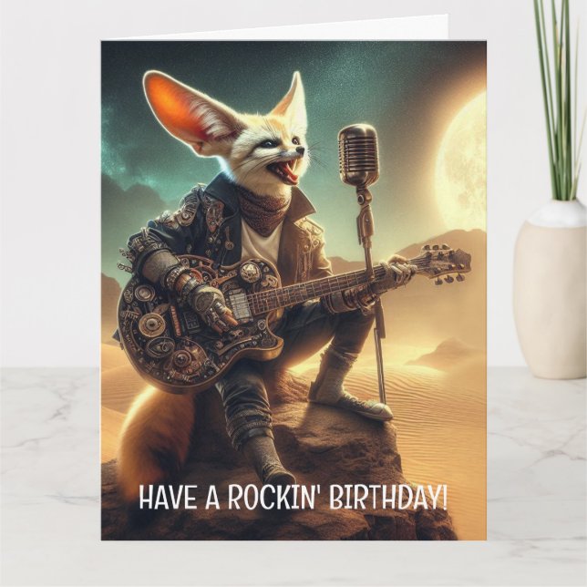 Cool Fennec Fox Rocks Acoustic Guitar in Desert Card (Front)
