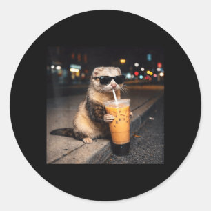 Cool Ferret Drinking Iced Milk Coffee Men Women Classic Round Sticker