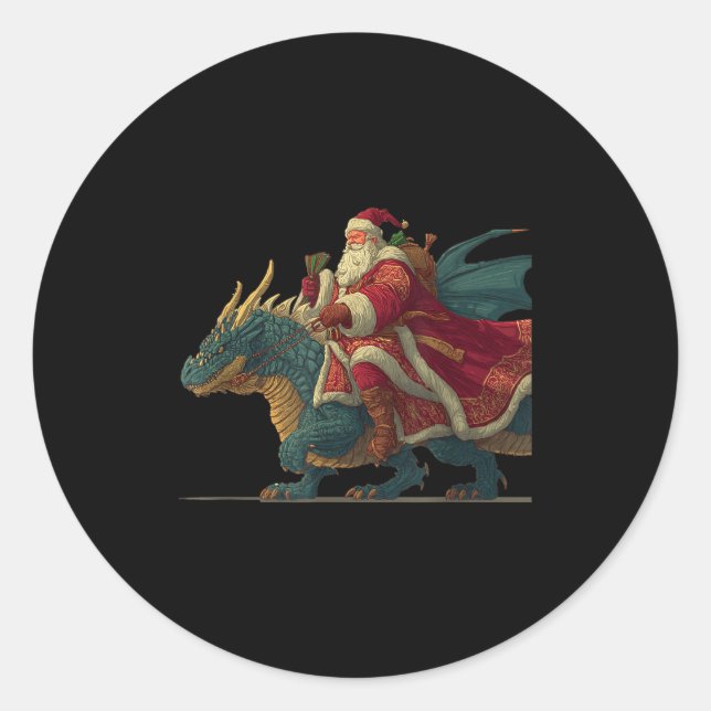 Cool Festive Dragon With Riding Santa Claus Look  Classic Round Sticker (Front)
