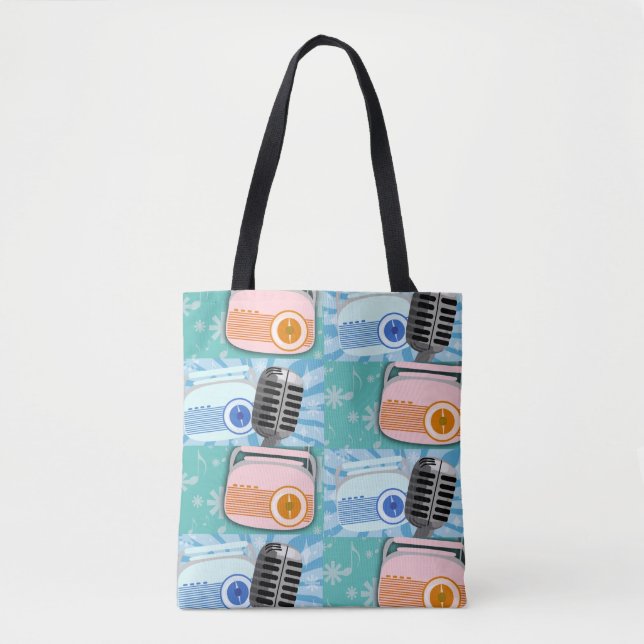 Cool Fifties Pink Radio Pattern Retro Art Cartoon Tote Bag (Front)