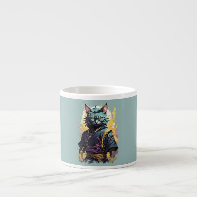 Cool Fire Splash Grey Ninja Cat Warrior Espresso Cup (Front)