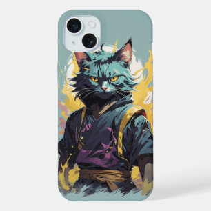 Cool Fire Splash Grey Ninja Cat Warrior iPhone 15 Plus Case