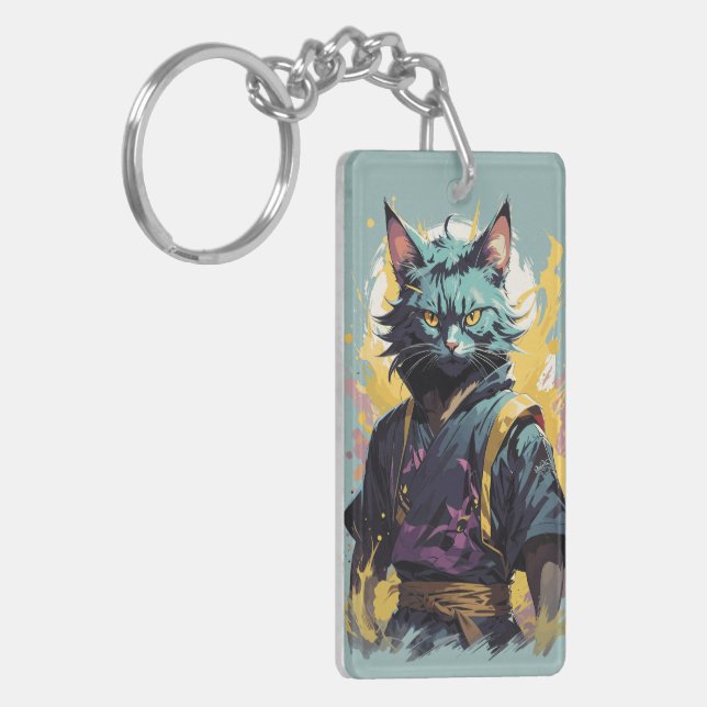 Cool Fire Splash Grey Ninja Cat Warrior Key Ring (Front Left)