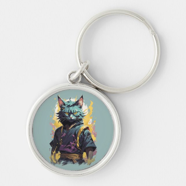 Cool Fire Splash Grey Ninja Cat Warrior Key Ring (Front)