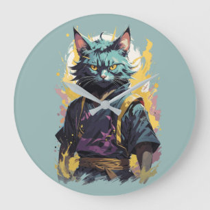 Cool Fire Splash Grey Ninja Cat Warrior Large Clock