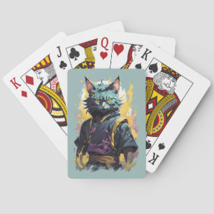 Cool Fire Splash Grey Ninja Cat Warrior Playing Cards