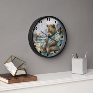 cool fishing lovers  bear watercolor Clock 