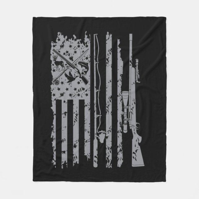 Cool Fishing Rod Hunting Rifle American Flag Gift  Fleece Blanket (Front)