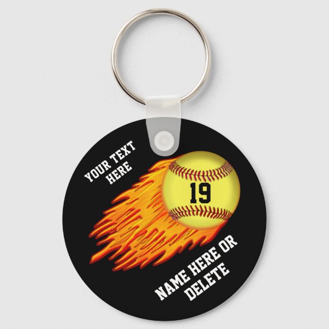 COOL Flaming Softball Team Gift Ideas NAME, NUMBER Key Ring (Front)