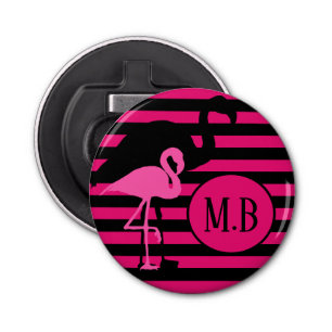 Cool Flamingo Black and Pink Stripes Monogram Bottle Opener