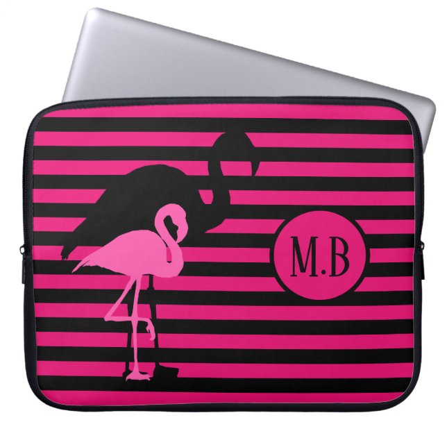 Cool Flamingo Black and Pink Stripes Monogram Laptop Sleeve (Front)