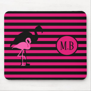Cool Flamingo Black and Pink Stripes Monogram Mouse Mat