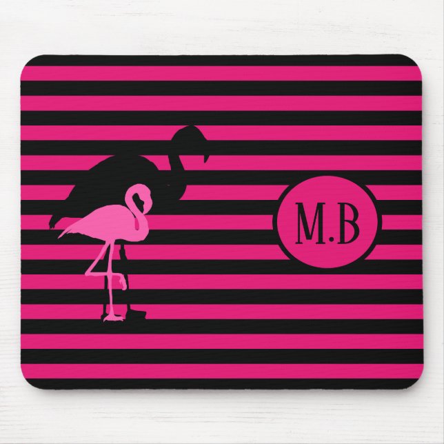 Cool Flamingo Black and Pink Stripes Monogram Mouse Mat (Front)